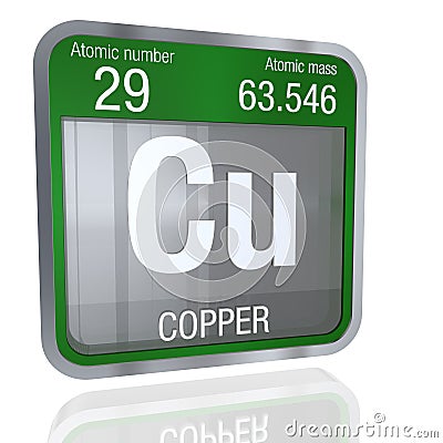 Copper symbol in square shape with metallic border and transparent background with reflection on the floor. 3D render. Stock Photo