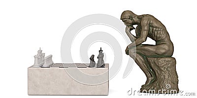 Copper thinker and chess isolated on white background 3D illustration Cartoon Illustration