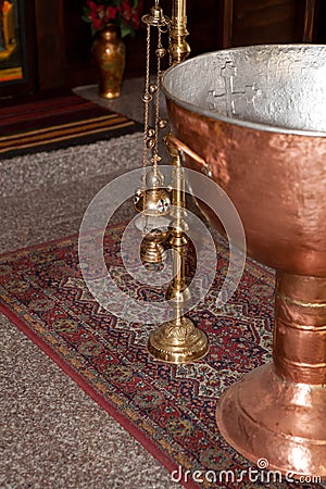 Copper tray for bulgarian orthodox baptising ceremony Stock Photo