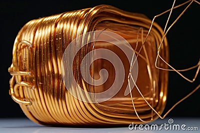 Copper winding of step-down single-phase transformer, chemical element -cuprum Stock Photo