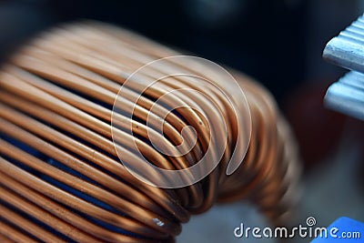 Copper wire inductor blurred image, macro, computer, non-ferrous metal Stock Photo