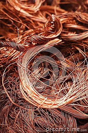 Copper wire texture background in full screen. Scrap of non-ferrous metals. Stock Photo