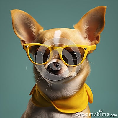 portrait dog pet chihuahua glasses puppy animal cute smart background yellow. Generative AI. Stock Photo