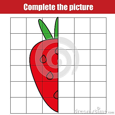 Copy by grid. Complete the picture children educational game, coloring page. Kids activity sheet with strawberry Vector Illustration