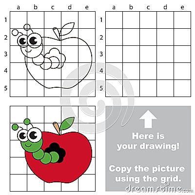 Copy the image using grid. Apple worm. Vector Illustration