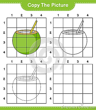 Copy the picture, copy the picture of Coconut using grid lines. Educational children game, printable worksheet, vector Vector Illustration