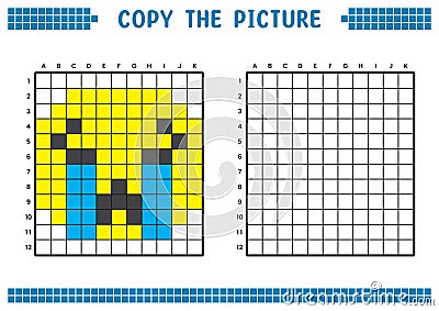 Copy the picture, complete the grid image. Educational worksheets drawing with squares, coloring areas. Crying face. Vector Illustration