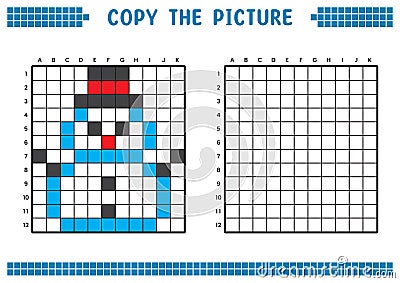 Copy the picture, complete the grid image. Educational worksheets drawing with squares, coloring cell areas. Snowman. Vector Illustration