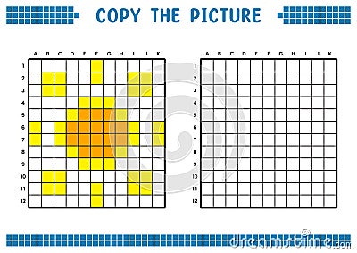 Copy the picture, complete the grid image. Educational worksheets drawing with squares, coloring cell areas. Sun symbol. Vector Illustration