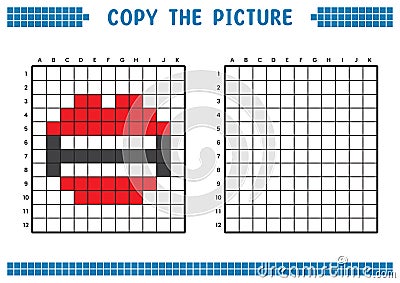 Copy the picture, complete the grid image. Educational worksheets drawing with squares, coloring cell areas. Lips and teeth. Vector Illustration
