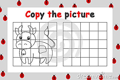 Copy the picture. Educational game for children. Outline bull. Drawing activity for kids. Black and white cartoon vector. Vector Illustration