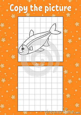 Copy the picture. Fish. Coloring book pages for kids. Education developing worksheet. Game for children. Handwriting practice. Vector Illustration