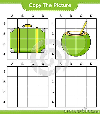 Copy the picture, copy the picture of Luggage and Coconut using grid lines. Educational children game, printable worksheet, vector Vector Illustration