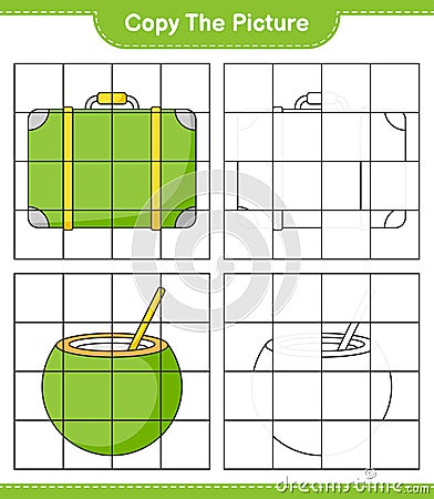 Copy the picture, copy the picture of Luggage and Coconut using grid lines. Educational children game, printable worksheet, vector Vector Illustration
