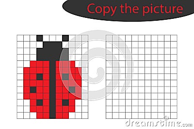 Copy the picture, pixel art, ladybug cartoon, drawing skills training, educational paper game for the development of children, Stock Photo