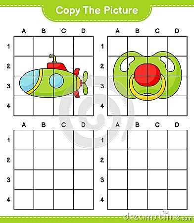 Copy the picture, copy the picture of Submarine and Pacifier using grid lines. Educational children game, printable worksheet, Vector Illustration