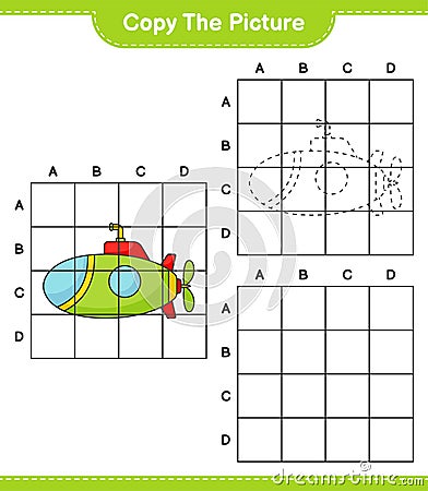 Copy the picture, copy the picture of Submarine using grid lines. Educational children game, printable worksheet, vector Vector Illustration