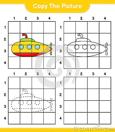 Copy the picture, copy the picture of Submarine using grid lines. Educational children game, printable worksheet, vector Vector Illustration