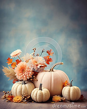 Copy space, banner, template. Floral Thanksgiving arrangement with pumpkin on blurry background. Stock Photo
