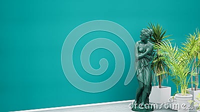 Copy space green wall background,tropical plants and antique marble Venus statue, museum interior Editorial Stock Photo