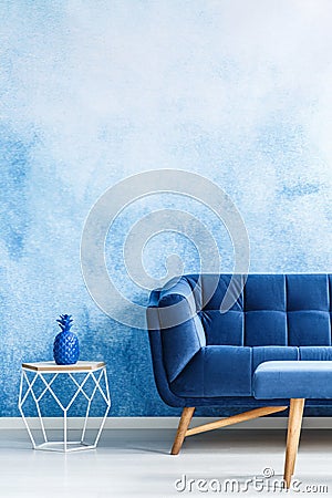 Copy space monochromatic living room interior with plush, navy b Stock Photo