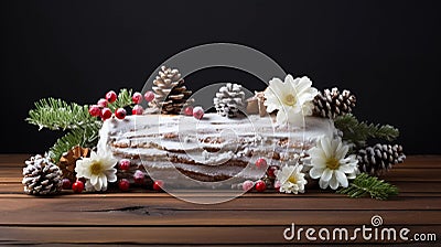 copy space, stockphoto a beautiful decorated Christmas cake, Christmas Buche, Bûche. Christmas celebration, merry Christmas Stock Photo