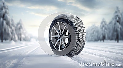 copy space, stockphoto, Brand new winter car tires showcased against a snowy road backdrop. Wintertire in a winte landscape Stock Photo