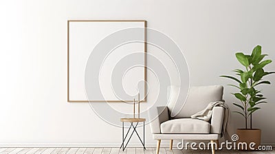 copy space, stockphoto, minimalist cozy healing living room blank frame mockup. Beautiful simple view on a couch and table Stock Photo