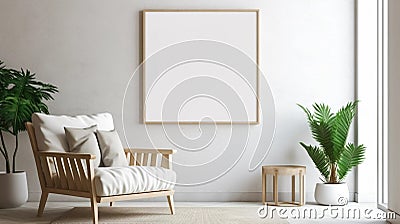 copy space, stockphoto, minimalist cozy healing living room blank frame mockup. Beautiful simple view on a couch and table Stock Photo