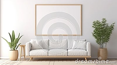 copy space, stockphoto, minimalist cozy healing living room blank frame mockup. Beautiful simple view on a couch and table Stock Photo