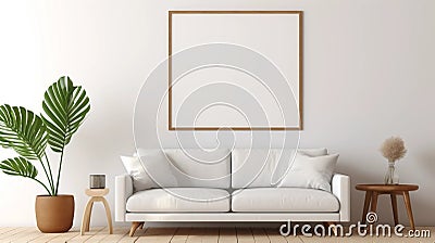 copy space, stockphoto, minimalist cozy healing living room blank frame mockup. Beautiful simple view on a couch and table Stock Photo