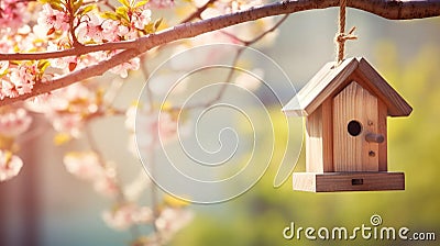 copy space, stockphoto, stockphoto, bird house hanging in a tree with on blurred spring outdoor background. Stock Photo