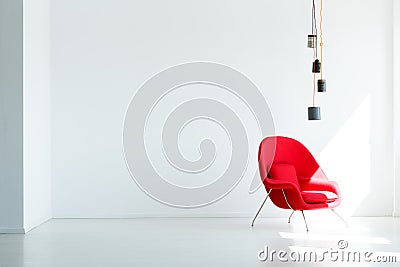 Copy space on white empty wall in minimal living room interior w Stock Photo