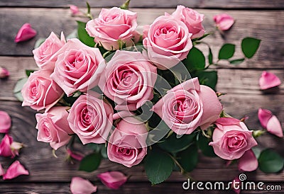 copy Top view flowers bouquet roses wooden space table Pink Stock Photo