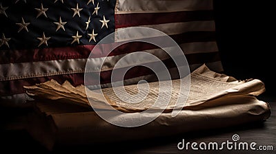 A copy of the United States Declaration of Independence with a American flag Stock Photo