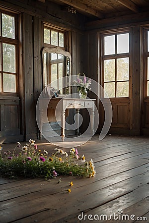 Rustic Charm: Vintage Dressing Table in Rural Living Room Stock Photo