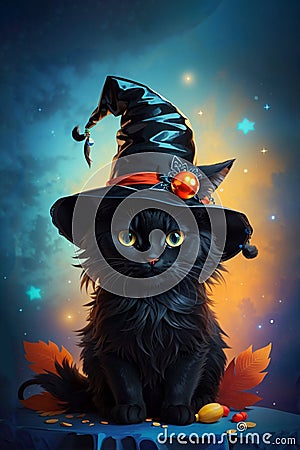 Mischievous Witch Cat with black Hat Stock Photo