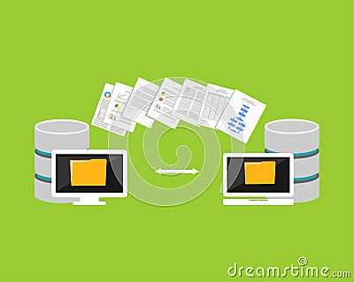 Copying files process. Files transfer between devices. Import or export data from another database Vector Illustration