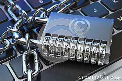 Copyright text on code padlock on computer keyboard. Intellectual property protection concept Cartoon Illustration