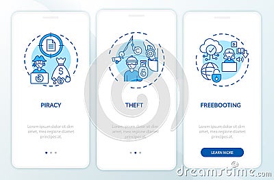 Copyright violation types onboarding mobile app page screen with concepts Vector Illustration