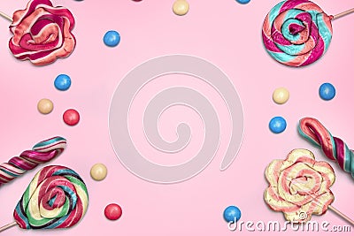 Copyspace blank image center created with colorful candies and bonbons, suitable for use as valentine`s day and greeting cards Stock Photo