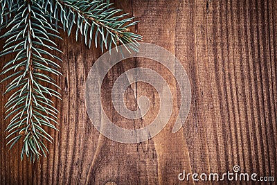 copyspace christmas background branches of fir tree on old wooden board horizontal version Stock Photo