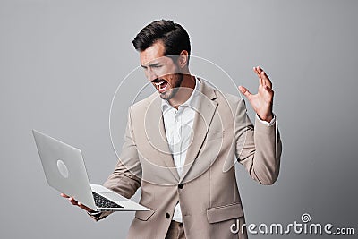 copyspace man computer adult business internet smiling suit laptop freelancer job Stock Photo