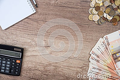 Copyspase, euro banknotes and coin note Stock Photo