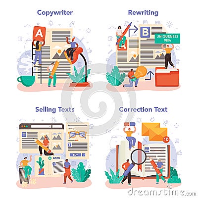 Copywriter concept set. Writing and designing texts for business promotion Vector Illustration