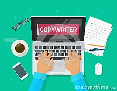 Copywriter working on laptop writing article vector illustration Vector Illustration