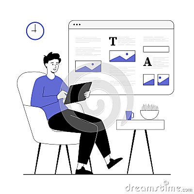 Copywriter write online articles. Man create interesting content for website, webpage and social networks. Vector illustration Vector Illustration
