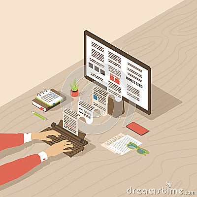 Copywriting, content creation isometric illustration. Editor, copywriter, book author typing text with typewriter. Blog article, Vector Illustration