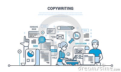 Copywriting. Creative writing of articles, seo, work in office, freelancing. Vector Illustration