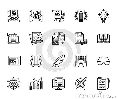 Copywriting flat line icons set. Writer typing text, social media content, e-mail newsletter, creative idea, typewriter Vector Illustration